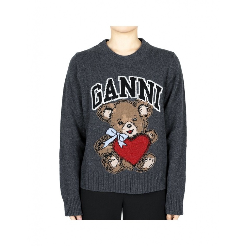 GANI 女性用ロゴベアグラフィックウールミックスニット (ダークグレー) K2370 084