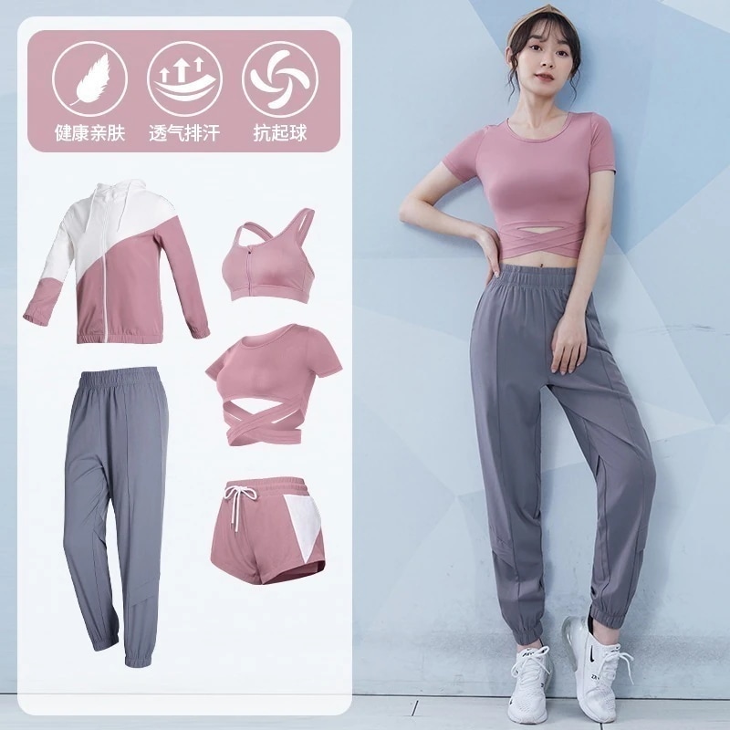 5点セットヨガウェアセット女性用ヨガウェア夏のファッション気質スポーツウェア高級タイトフィットトレーニングスウェットシャツモーニングランニングジムウェアセットスポーツウェア