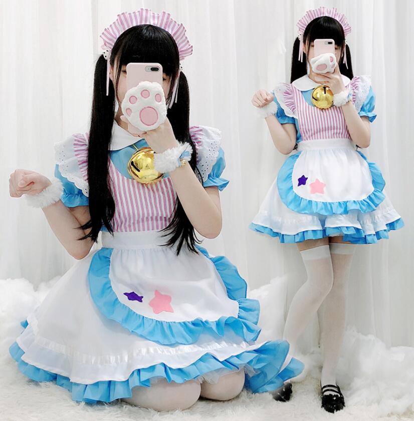 迅速な出荷 メイド服 エプロドレス 女性 大人 可愛い ロリータワンピース 半袖 膝丈ワンピース エプロン 髪飾り 裾フリル 星 ストライプ 萌え萌え レディース ハロウィン コスプレ衣装 制服 ウェ