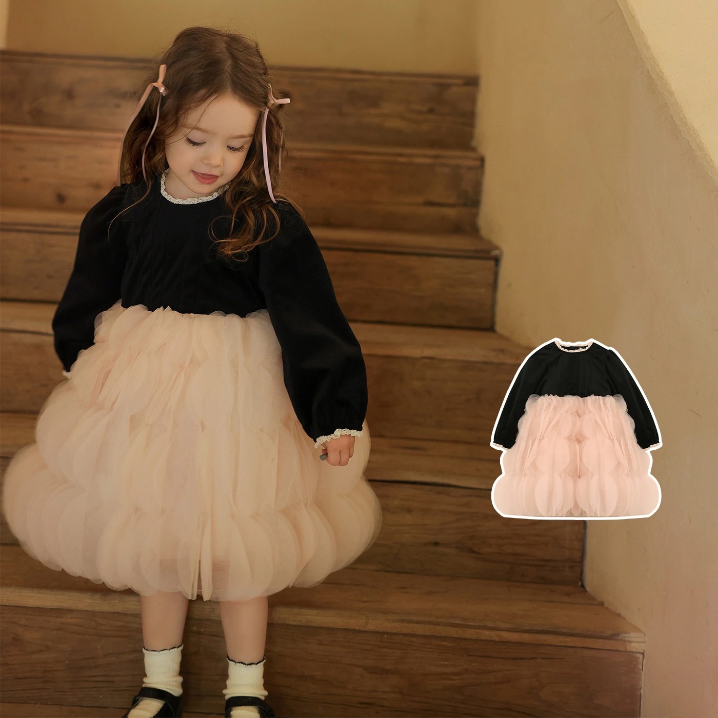 【2枚購入で 3oo円OFF】長袖の子供用ドレス2025春と秋のふくらんでいるプリンセスドレスレトロベルベット年の女の子のドレス