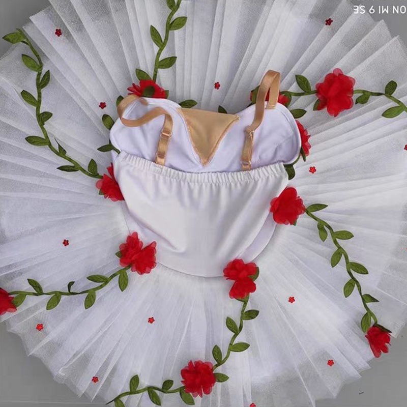 スイートバレエドレスパフォーマンスコスチュームふくらんでいるスカートサスペンダーホワイトフレッシュリトルスカート