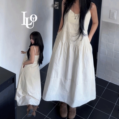 [四季/肩紐調節] ロング レイヤード プリーツ スモーク ペチスカート 裏地 キャミソール ワンピース