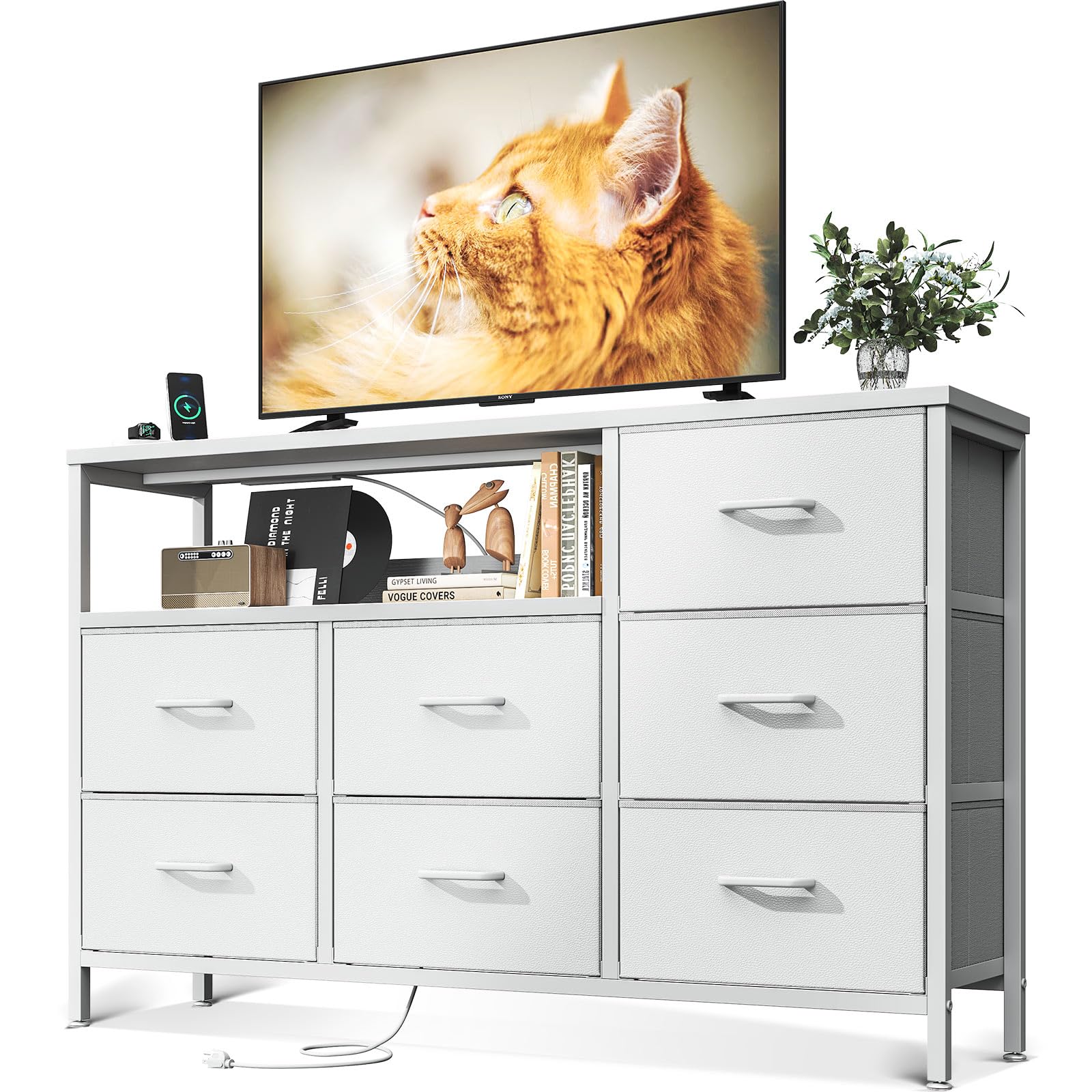 AODK チェスト タンス リビング収納 幅132×奥行30×高さ90cm コンセント付き 衣装ケース 収納棚 布製引き出し 洋服収納 箪笥 大容量 おしゃれ 転倒防止 安定感 3段7杯 ホワイト