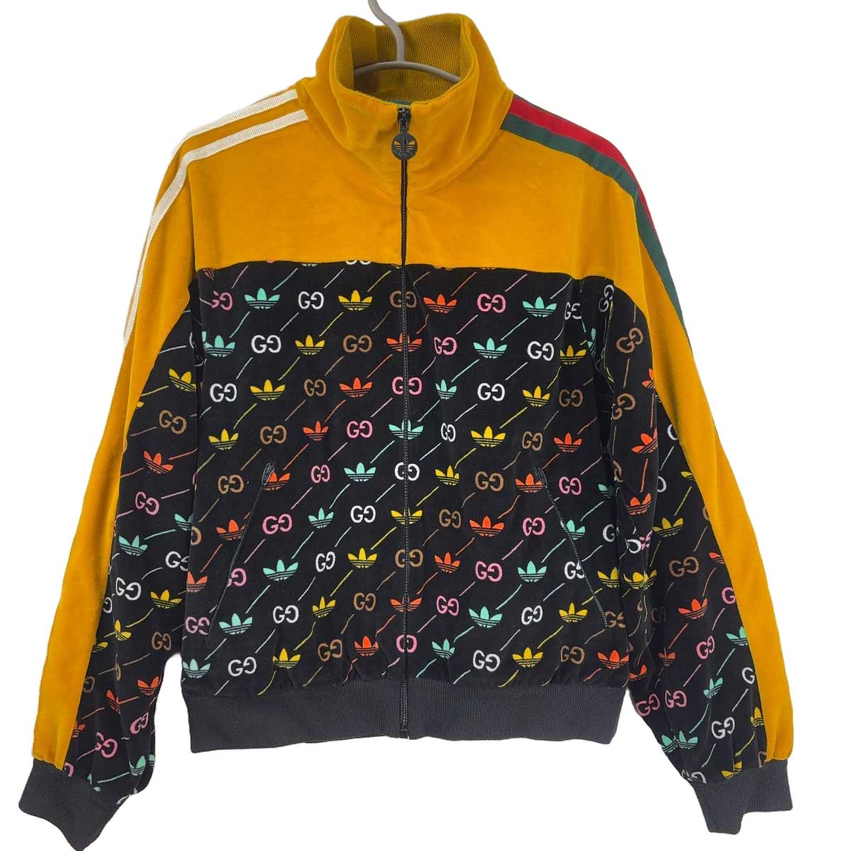 【中古】GUCCI ×adidas コラボ 22SS ベロア トラックジャケット ジップアップブルゾン 総柄 シェリーライン XS ブラック マルチカラー 692110 メンズ グッチ アディダス