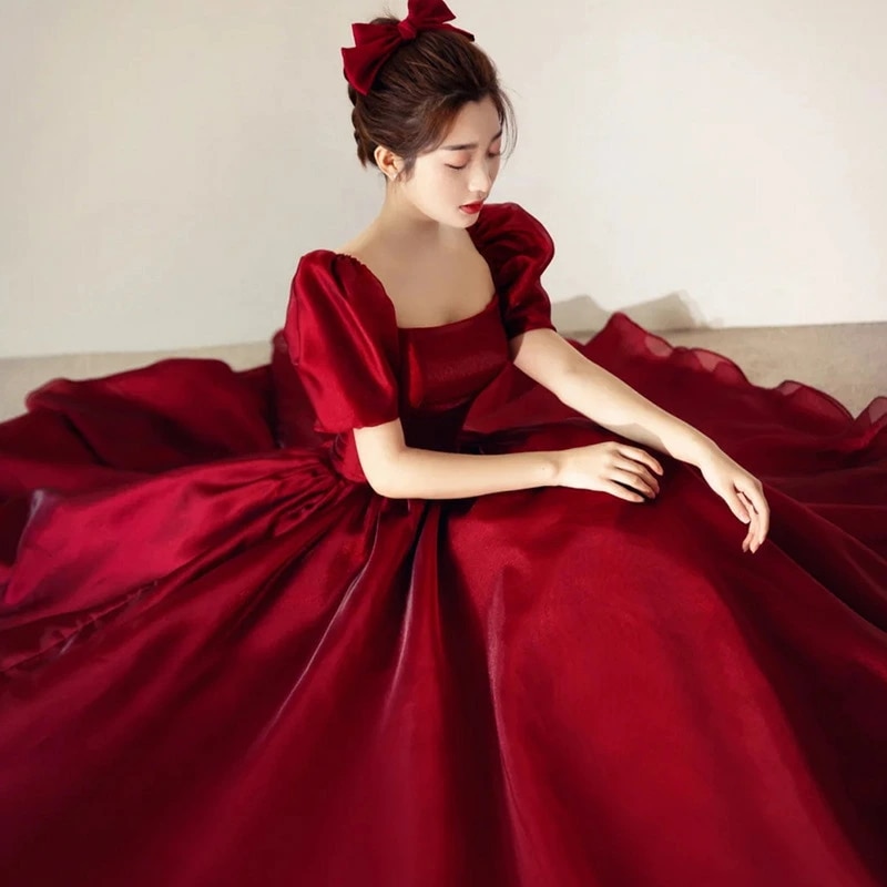 結婚式ドレス 二次会ドレス ワイン赤 サテン ドレス パフスリーブ プリンセスドレス ゲストドレス ロングドレス ワインレッド パーティードレス 成人式ドレス 同窓会 イブニングドレス 無地 S M