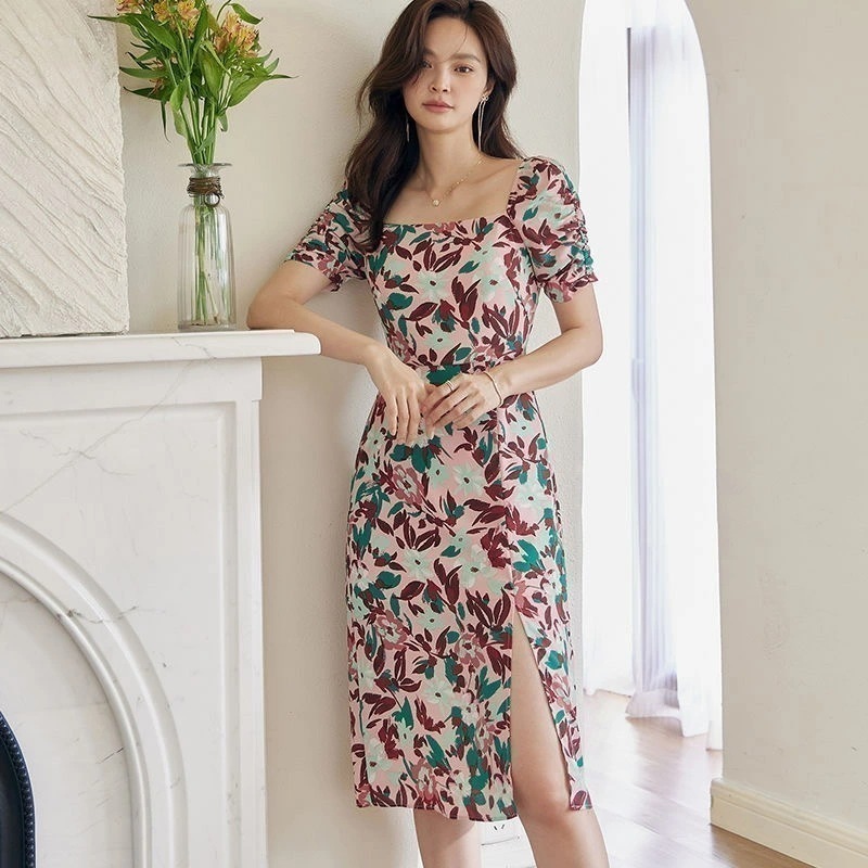 【急速出荷】フラワープリント 半袖ワンピース 膝丈 ミモレ丈 きれいめ 半袖 花柄 夏 春 可愛いワンピース プリント S M L XL 2XL 20代 30代 40代 50代 60代 ファッ