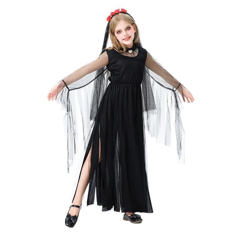 ハロウィン子供用コスチューム女の子ダーク悪魔花嫁ロングドレス吸血鬼魔女ヨーロッパとアメリカの面白いパフォーマンス衣装