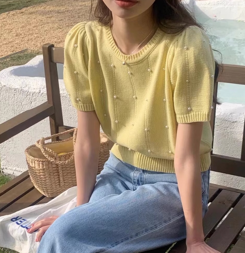 トップス デート モテアイテム ニットソー パフスリーブ ドット ニット コットン 大人可愛い きれいめ 上品 おしゃれ かっこいい 大人可愛い ラブリー キュート ガーリー クール モード系