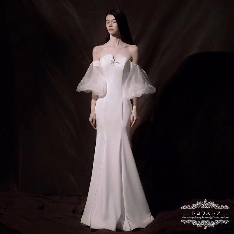 マーメイドラインドレス ウエディングドレス 白 ウエディングドレス マーメイドライン 袖あり 韓国 安い 結婚式 花嫁 二次会 前撮り