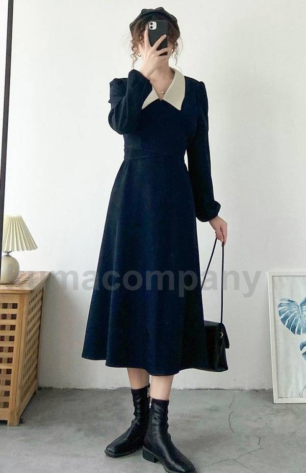 ビッグカラー ワンピース レディース きれいめ 長袖 ロング ミモレ丈 結婚式 お呼ばれ ドレス Aライン フレア ロングワンピース 黒 ウエストリボン 通勤服 オフィス 韓国 ファッション フォーマ