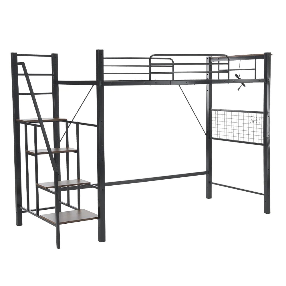 [国内発送]88【ブラック】2025年新作 システムベット ロフトベッド シングル コンセント付き 収納付き 耐荷重150kg 高さ173cm 北欧風 スチールネット S型フック付きスチール 耐震 ベ