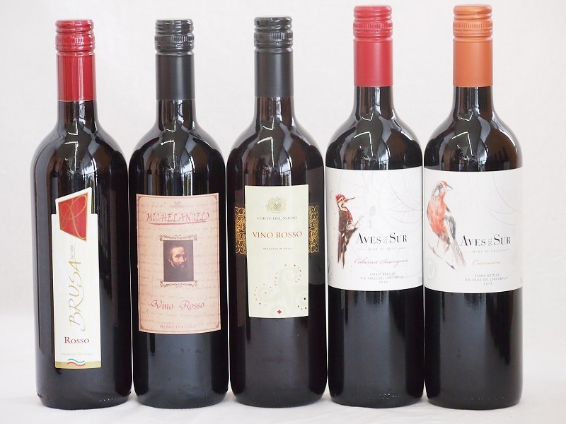 イタリアチリ赤ワイン5本セット(コルテ デル ニッピオ ロッソ ブルーサ ロッソ ミケランジャロ