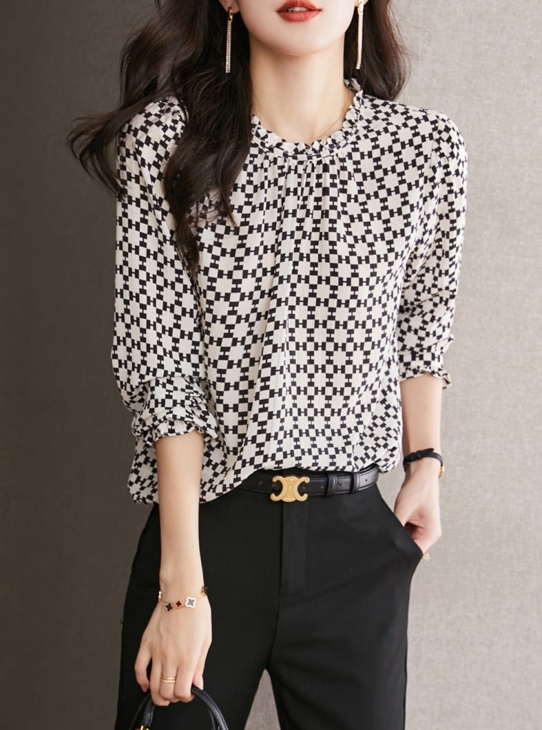 エレガント ヘビー シルク プルオーバーシャツ 秋 薄手 ルース カジュアル シルク トップ 女性 M L XL XXL トップス 袖あり かわいい 大人可愛い きれいめ シンプル カジュアル