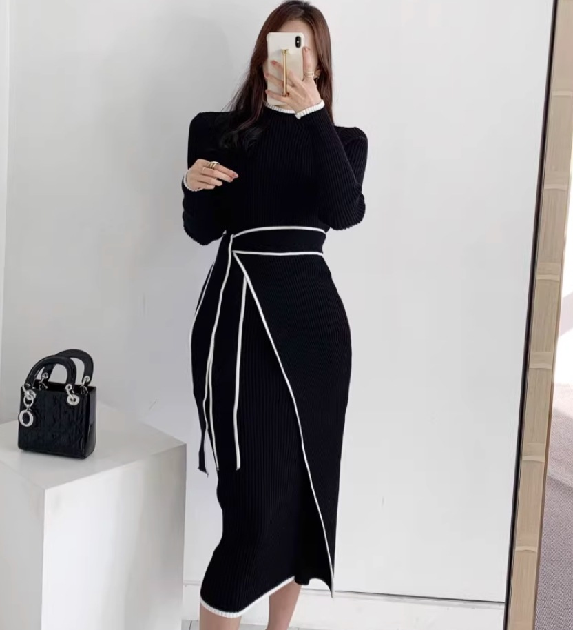 ワンピース デート モテアイテム ニットワンピース ミディアム丈 ウエスト リボン 大人可愛い きれいめ 上品 おしゃれ かっこいい 大人可愛い ラブリー キュート ガーリー クール モード系