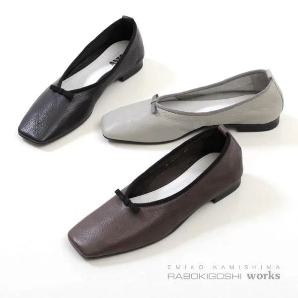 RABOKIGOSHI works ラボキゴシワークス 12453 バレエシューズ リボン スクエアトゥ パンプス ローヒール フラットシューズ 本革 靴 レディース セール