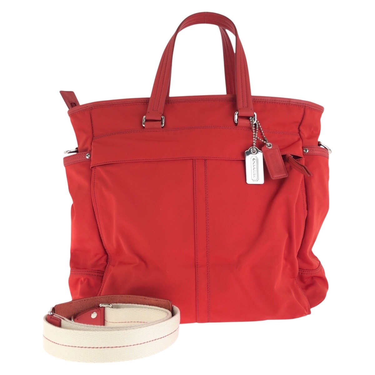 美品 レッド シルバー金具 ナイロン/レザー トートバッグ ショルダーバッグ 2WAY レディース 411281