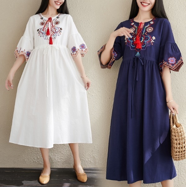 ワンピース ロング丈 ノーカラー デザイン オーバーサイズ 美ライン ニュアンス 刺繍 フリンジ カラバリ リラックス ナチュラル かわいい 大人可愛い きれいめ シンプル カジュアル 大人 上品