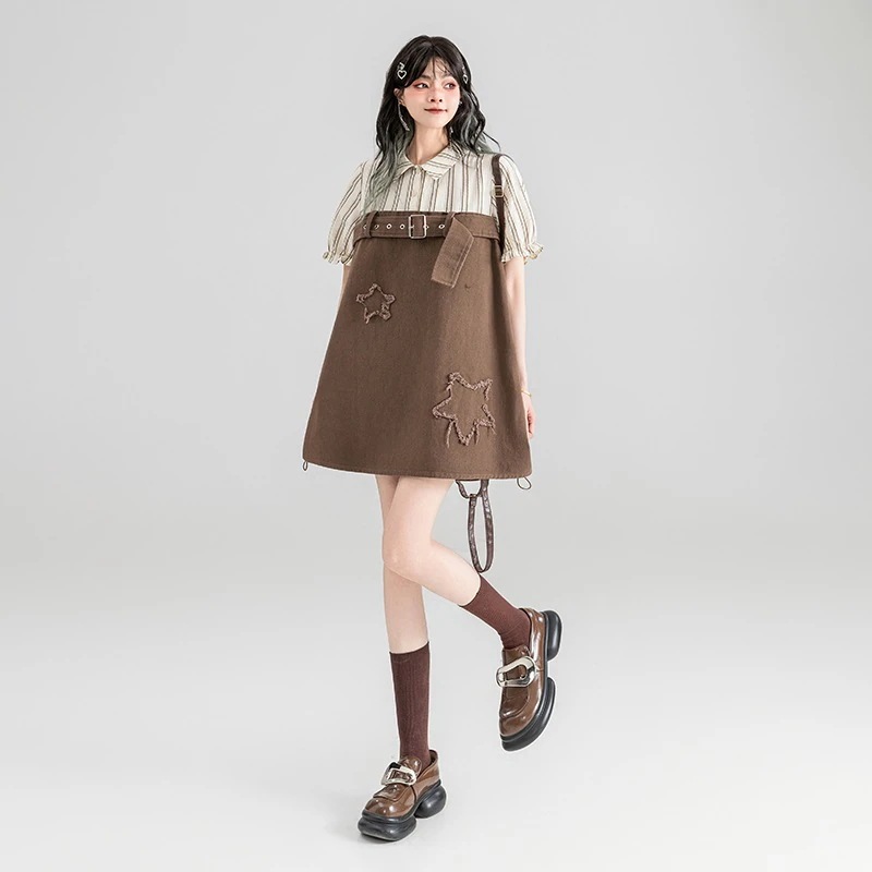 【高品質です】クールレトロカラーブロックデニムスカート2024夏韓国ニッチデザイン着痩せフェイクツーピースワンピース