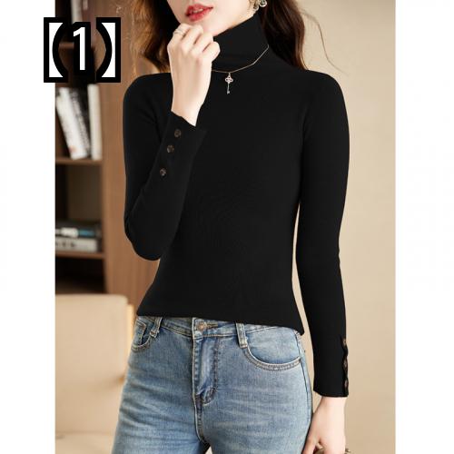 セーター レディース 秋冬 タイト フィット タートルネック ニット 長袖 プルオーバー 薄手 インナー カフスボタン シンプル おしゃれ 無地 黒 カーキ 茶色 オフィス