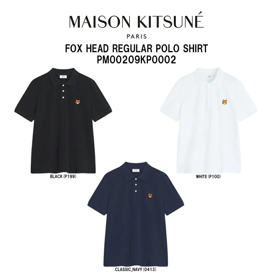 Maison Kitsune ポロシャツ フォックスヘッド レギュラー 半袖 ロゴ 刺繍 ワンポイント コットンピケ カジュアル メンズ PM00209KP0002