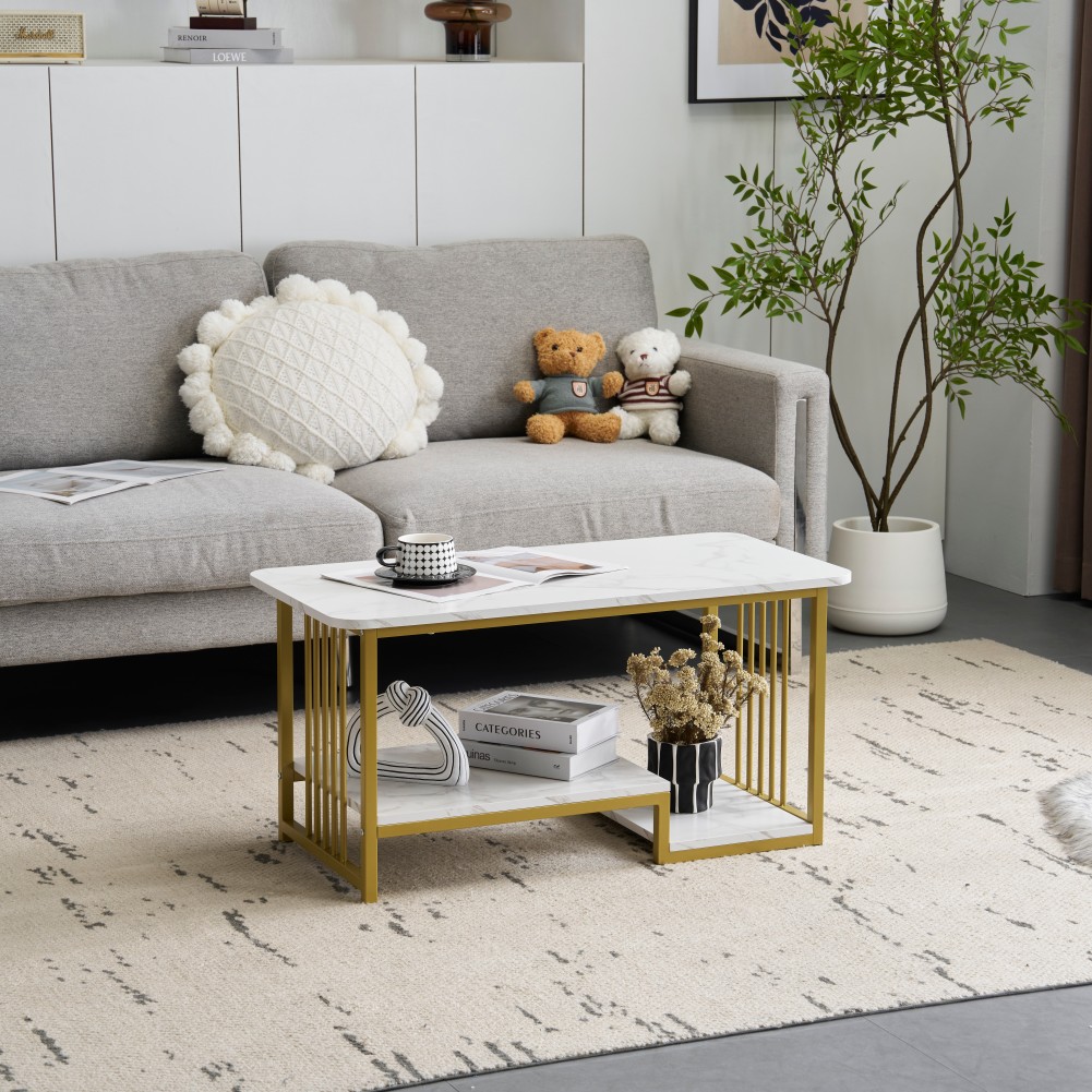 【国内出荷】【新作登場】センターテーブル 大理石調 幅90cm 収納付き 長方形 ローテーブル おしゃれ 収納棚 コーヒーテーブル リビングテーブル コンパクト 北欧 カフェテーブル【ホワイト＋ゴール 7,875円