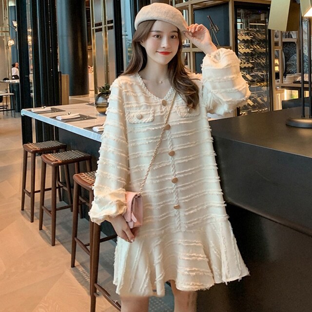 【送料無料】マタニティ ワンピース 膝丈 Vネック ペプラム ガーリー パフスリーブ