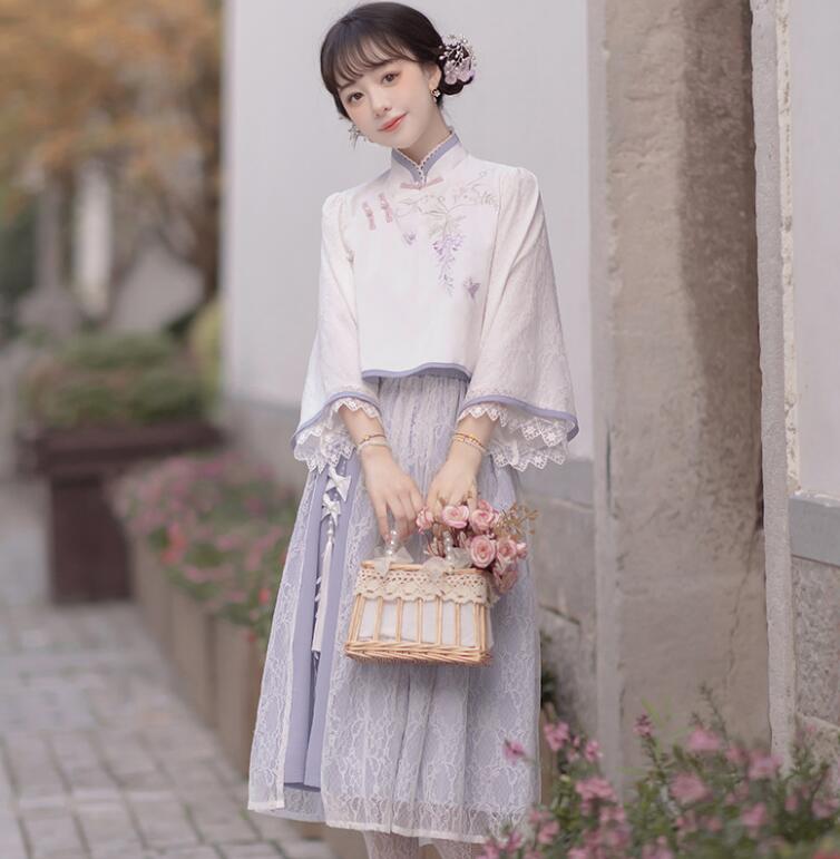 中華服 上下セット フレア袖 チャイナ服 刺繍柄 ミモレ丈スカート レーススカート 漢元素 春服 秋服 可愛い エレガント 改良版漢服 花見 撮影衣装 学園祭 文化祭 イベント 発表会 衣装 パープ