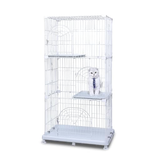 アイリスプラザ 猫 ケージ オリジナルペットケージ 3段 キャスター付 ホワイト 猫用・多頭飼い 高さ約178×幅約93×奥行約63cm