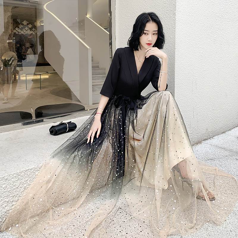 ロング ドレス パーティードレス 個性的 袖あり 黒 バイカラー チュール 結婚式 二次会 お呼ばれ フォーマル 演奏会 ピアノ 発表会 ドレス ワンピース 大人 かっこいい 可愛い スパンコール A