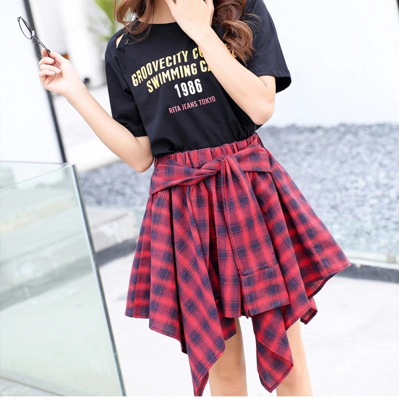 ボトムス ミニ スカート チェック柄 巻きスカート シャツ 腰巻き風 デザイン アシメ アシンメトリー ミニ丈 ひざ上 膝上 ハイウエスト Aライン ウエストゴム 伸縮性 楽ちん 大人可愛い かわいい
