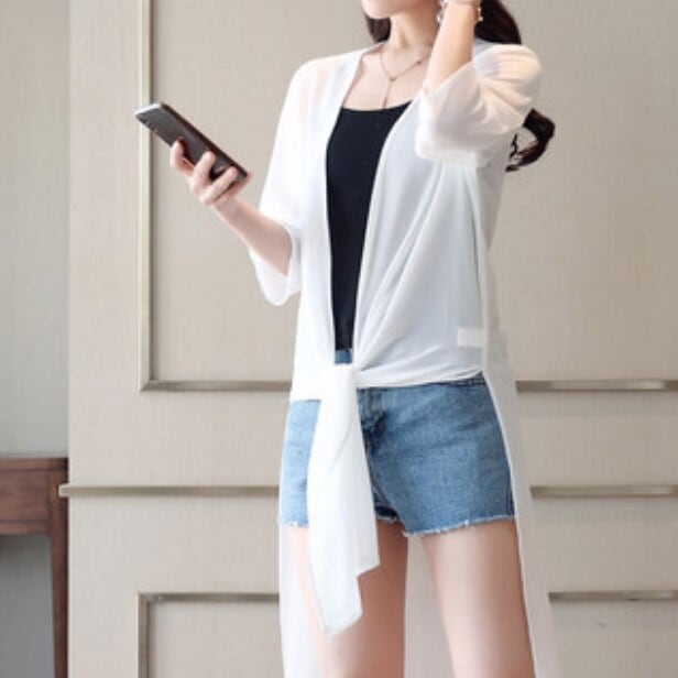 トップス カーディガン 袖あり 7分袖 かわいい 大人可愛い きれいめ シンプル カジュアル 大人 薄手 春夏 羽織 スリット シアー 透け感 無地 ホワイト レッド ブラック 2XL XL 韓国