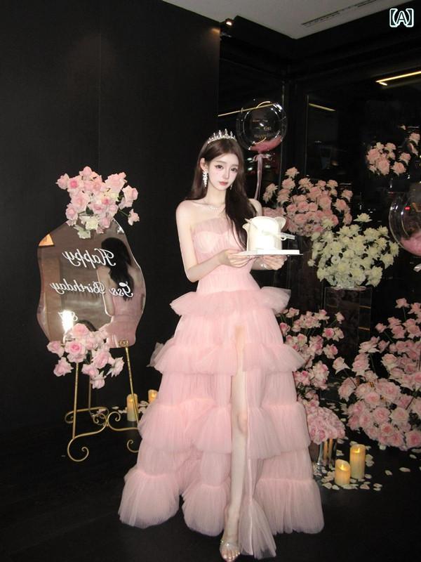 ドレス　パーティー　レディース 女性用 ピンクの ドレス 高級 チューブ トップ イブニングドレス 成人 式用 バースデー プリンセスチュチュ スカート 8,888円