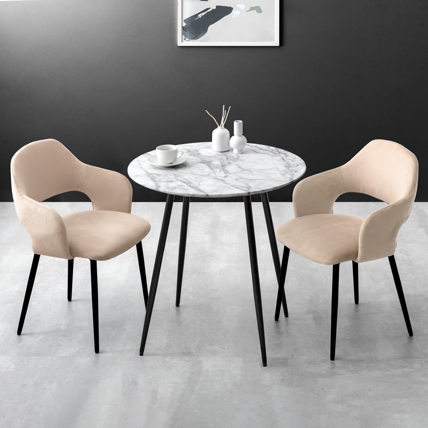 3-piece Set, Width 27.6 inches (70 cm), 2 Seats, Round Table, Marble, Compact, Simple
