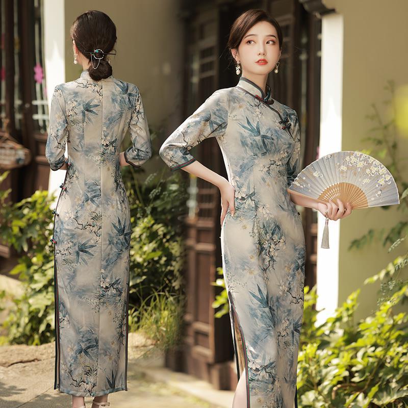 チャイナドレスロングスリムフィット改良版ドレス若いスタイル秋冬気質レトロスタイルレトロ