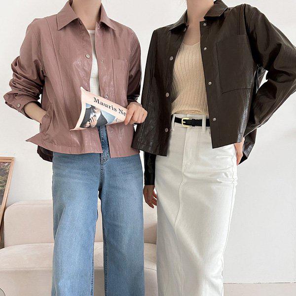 Hスタイル(SH)25-114ベーシックスナップレザーカラーシャツ 春 秋 女性 レザー アウター シャツ 南部 ジャンパー NB