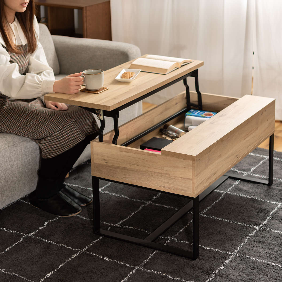 センターテーブル 幅90cm 2WAY 高さ調節 木目調 昇降式 ロー テーブル リフトテーブル リビングテーブル 収納付き パソコン シンプル スチール脚 異素材 モダン 北欧風 おしゃれ