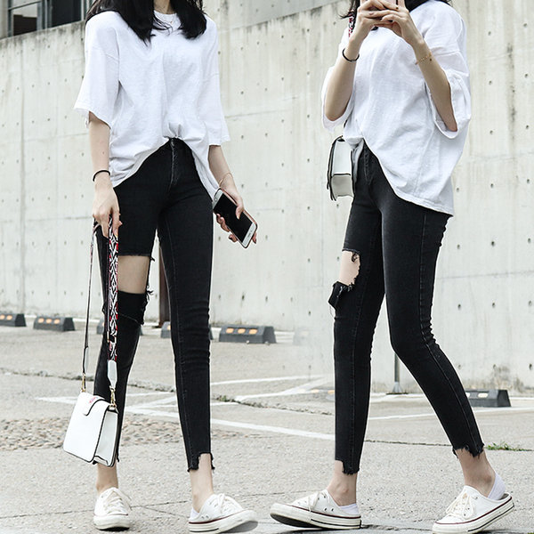 スパン レディース 破れた スキニージーンズ ブラックジーンズ ダメージジーンズ