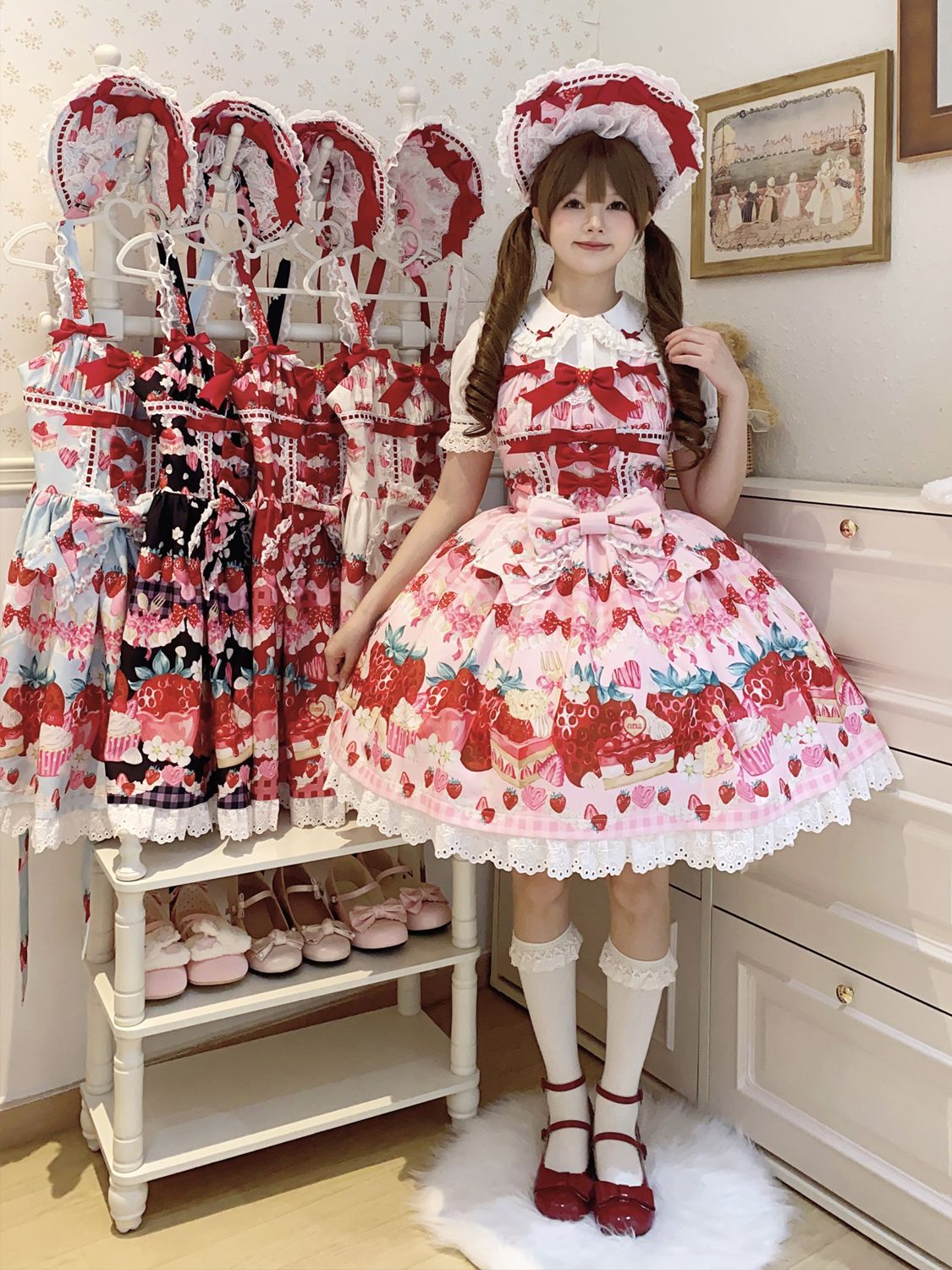 甘ロリータ ジャンパースカート ワンピース ドレス お姫様 フリル 苺柄 ストロベリー プリント 袖なし 膝丈 レース レディース 人形みたい エレガントロリ プリンセス風 お姫様ドレス個性的 可愛