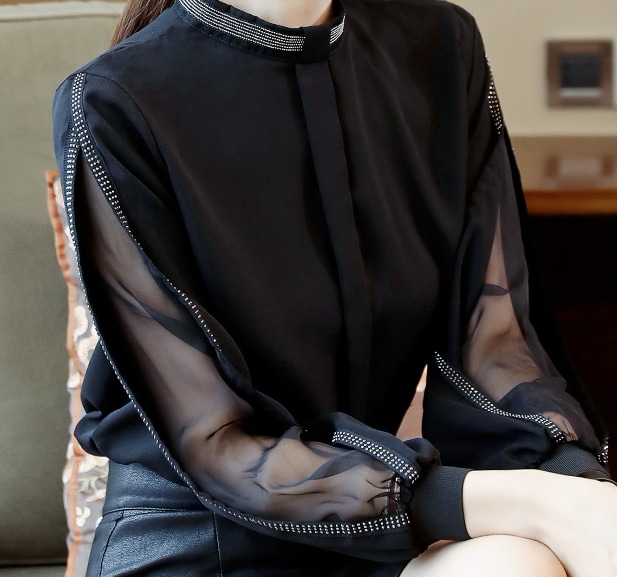 ブラックシフォンブラウス トップス ブラウス 長袖 綿 光沢 爽やか 大人スタイル 大人可愛い きれいめ シンプル カジュアル 大人 上品 おしゃれ かっこいい レトロ アジアン 大人可愛い 大人女子