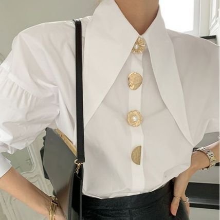 シャツ レディース ホワイト 襟ポイント アクセント スリーブ トップス ランタンスリーブ