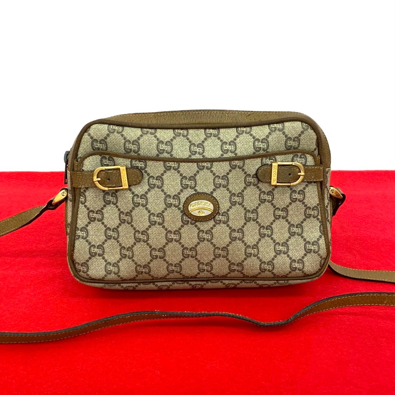 ヴィンテージ グッチプラス ロゴ 金具ショルダーバッグ レザー PVC ブラウン 319-1