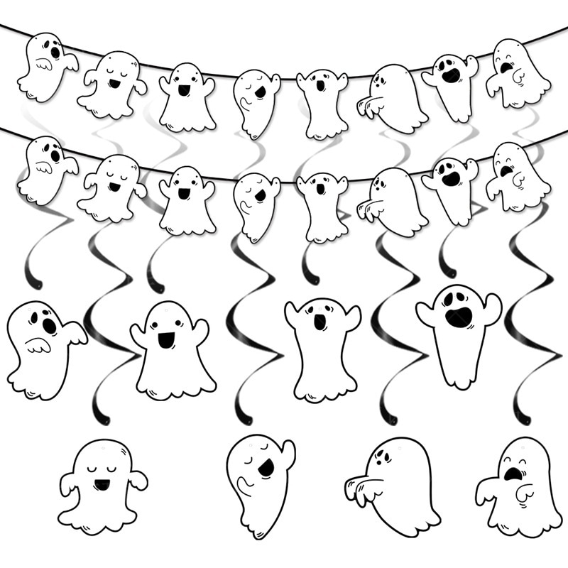 新しいハロウィンパーティーデコレーションプルフラッグセットスパイラルハンギングデコレーションゴーストデコレーションラテpvcスパイラルハンギングタグ