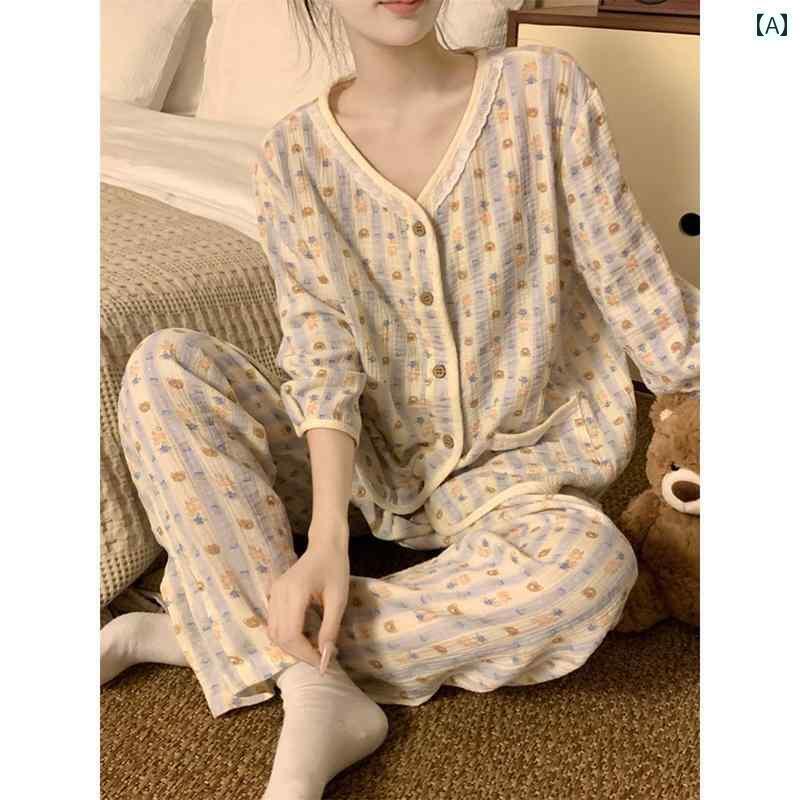 レディース　パジャマ　スウェット　上下 かわいい の クマの ステッチの 二 重 綿糸の パジャマ 春秋 七分袖と ホームウェア スーツ 女性用