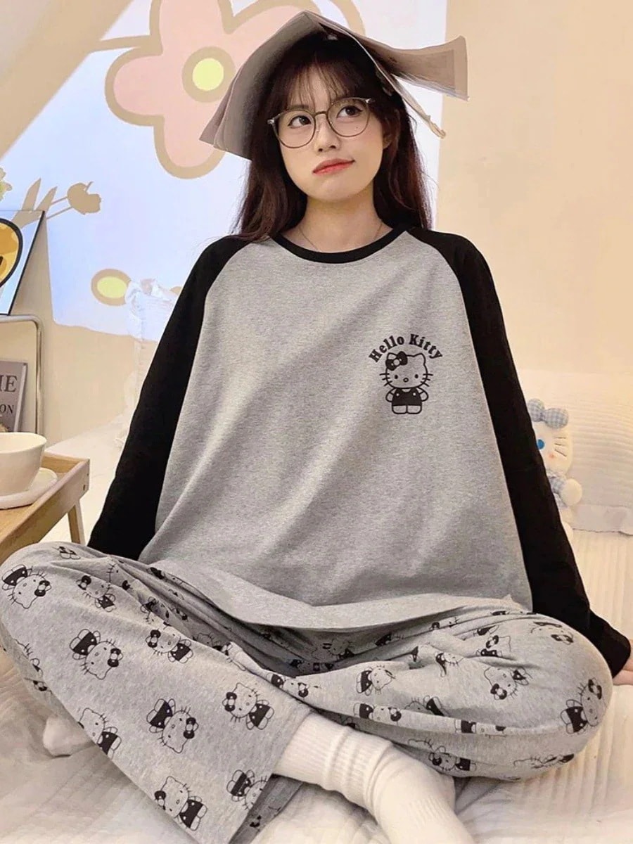 新品登場太ったmmサイズのhellokittyパジャマスーツ女性ゆったり長袖部屋着は外着可能