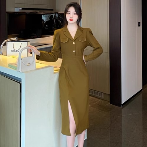 ワンピース シャツ ブラウス 膝丈 ひざ丈 スリム タイト 大人可愛い サイドスリット きれいめ 大人 上品 おしゃれ お洒落 大人女子 ラブリー クール モード系 セクシー エレガント 春 夏 秋