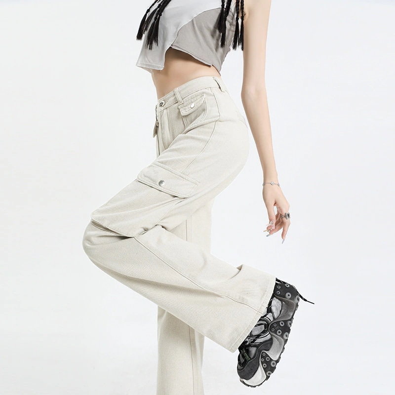 女性用アメリカンオーバーオール2024年春ハイウエストストレートレッグスモールオフホワイトワイドレッグフロアレングスモップパンツ女性用