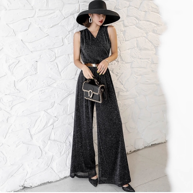 レディース スーツ ワイドパンツ ロング マキシ 丈長 袖なし ノースリーブ Vネック ワイド ベルト ウエストマーク きれいめ シンプル 上品 おしゃれ かっこいい ラフ クール エレガント