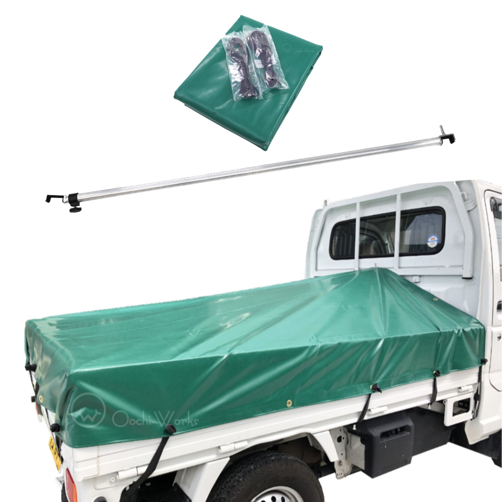 トラックシート 伸縮式荷台ポールセット スロープ型 グリーン 軽トラ用 標準荷台軽トラック用 コードゴム4ｍｘ2本付き エステル帆布 荷台シート