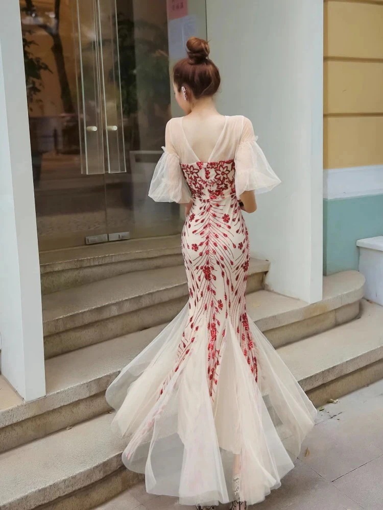 スーパー気質バンケットイブニングドレス女性用夏メッシュスパンコールテールドレス安い 6,665円