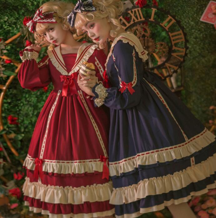 ロリータ ドレス ゴスロリ＆ロリータ服 長袖 ワンピース 膝丈 ミモレ丈 ロング ロリィタ服 マリン風 お姫様 ドレス 裾フリル レース リボン 可愛い ハイウエスト 学園祭 イベント コスプレ衣装 5,342円